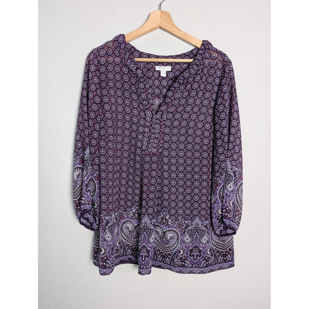Charter Club Tunic Blouse Womens 14W Purple Paisley Henley 3/4 Sleeve Relaxed